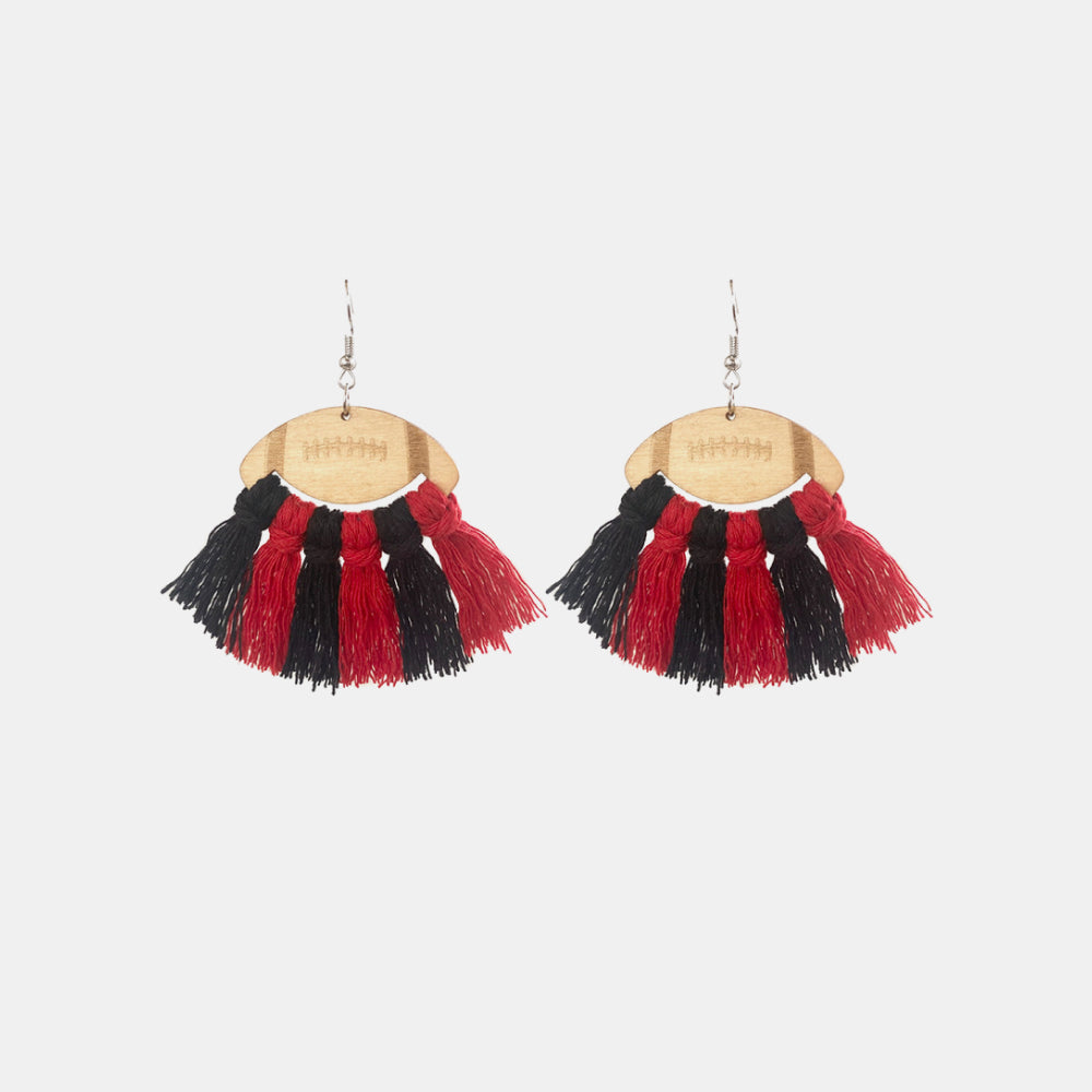 Fringe Detail Football Shape Wooden Dangle Earrings